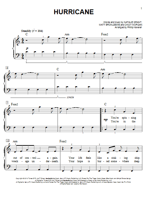 Natalie Grant Hurricane (arr. Phillip Keveren) sheet music notes and chords arranged for Easy Piano