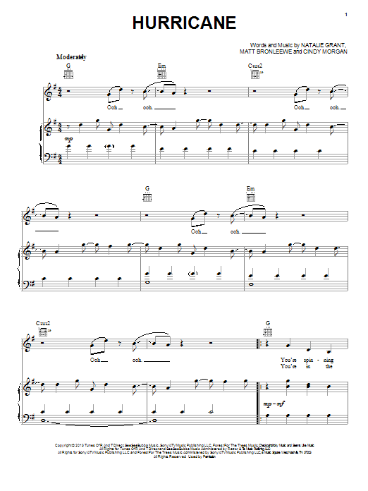Natalie Grant Hurricane sheet music notes and chords arranged for Piano, Vocal & Guitar Chords (Right-Hand Melody)