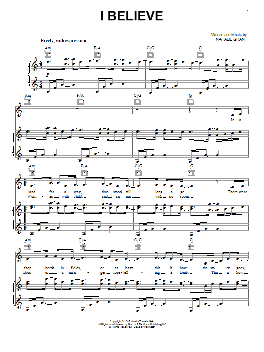 Natalie Grant I Believe sheet music notes and chords arranged for Piano, Vocal & Guitar Chords (Right-Hand Melody)