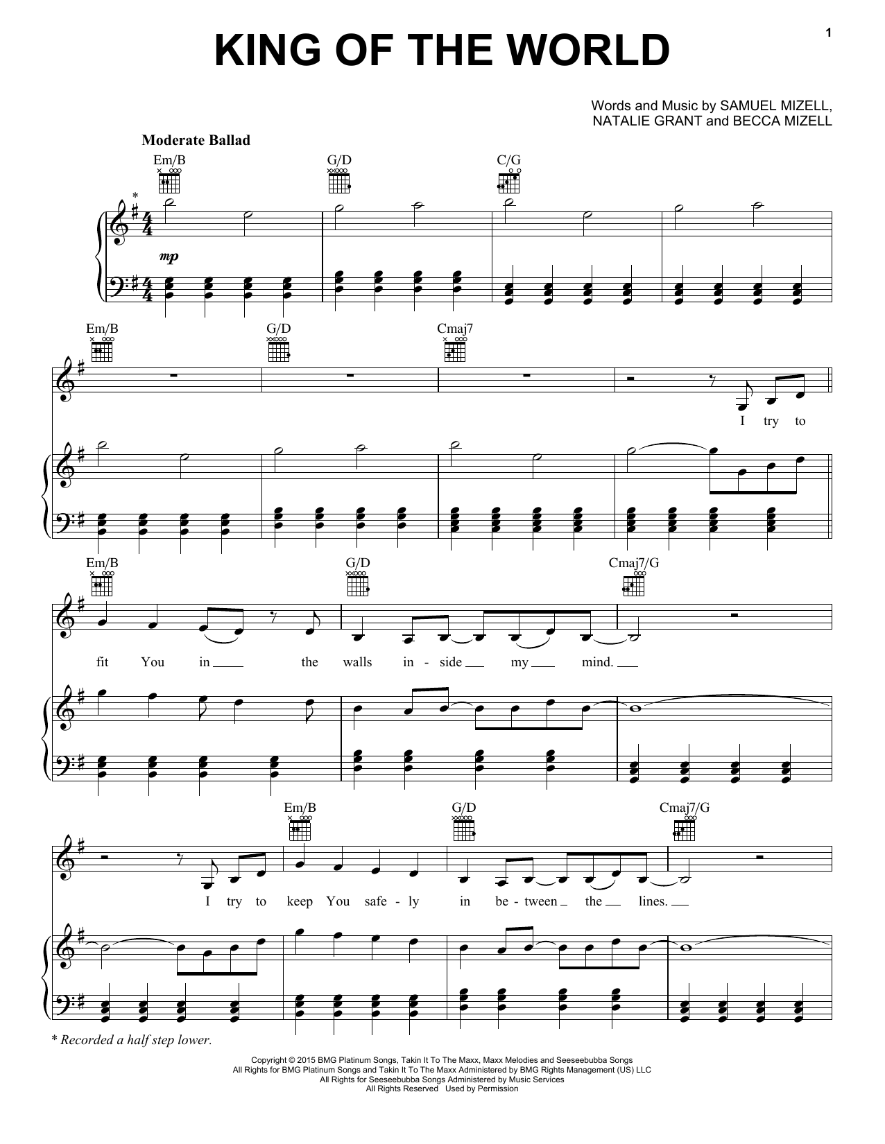 Natalie Grant King Of The World sheet music notes and chords arranged for Piano, Vocal & Guitar Chords (Right-Hand Melody)