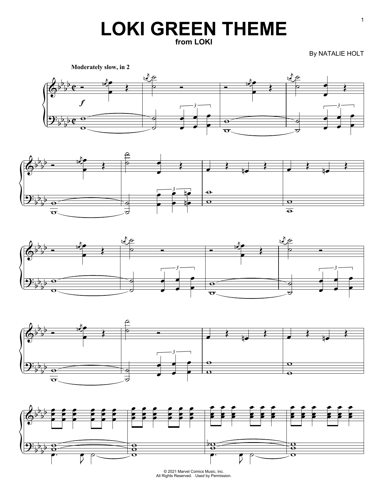 NATALIE HOLT Loki Green Theme (from Loki) sheet music notes and chords arranged for Piano Solo