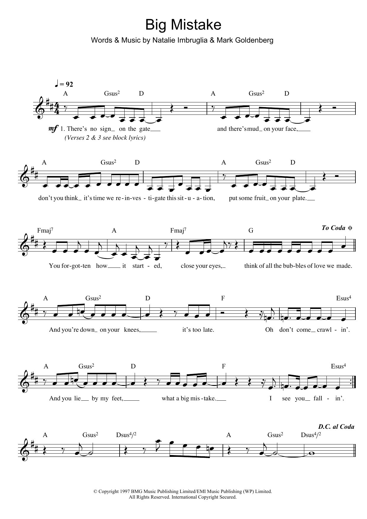 Natalie Imbruglia Big Mistake sheet music notes and chords arranged for Piano Chords/Lyrics