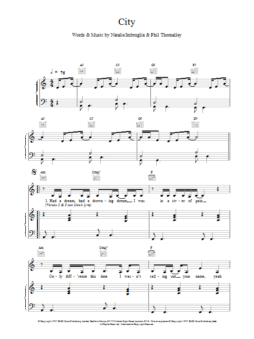 Natalie Imbruglia City sheet music notes and chords arranged for Piano, Vocal & Guitar Chords