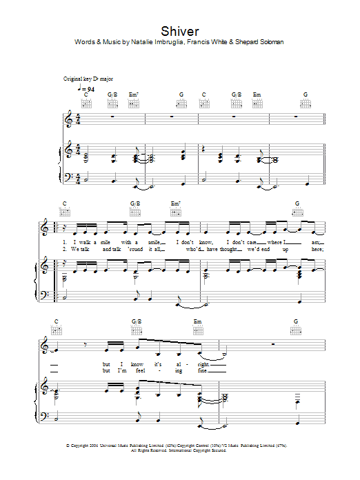 Natalie Imbruglia Shiver sheet music notes and chords arranged for Piano Chords/Lyrics