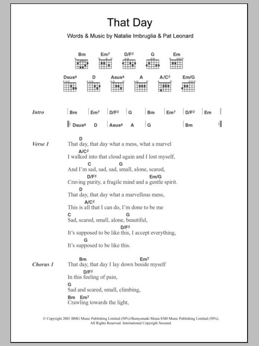 Natalie Imbruglia That Day sheet music notes and chords arranged for Guitar Chords/Lyrics