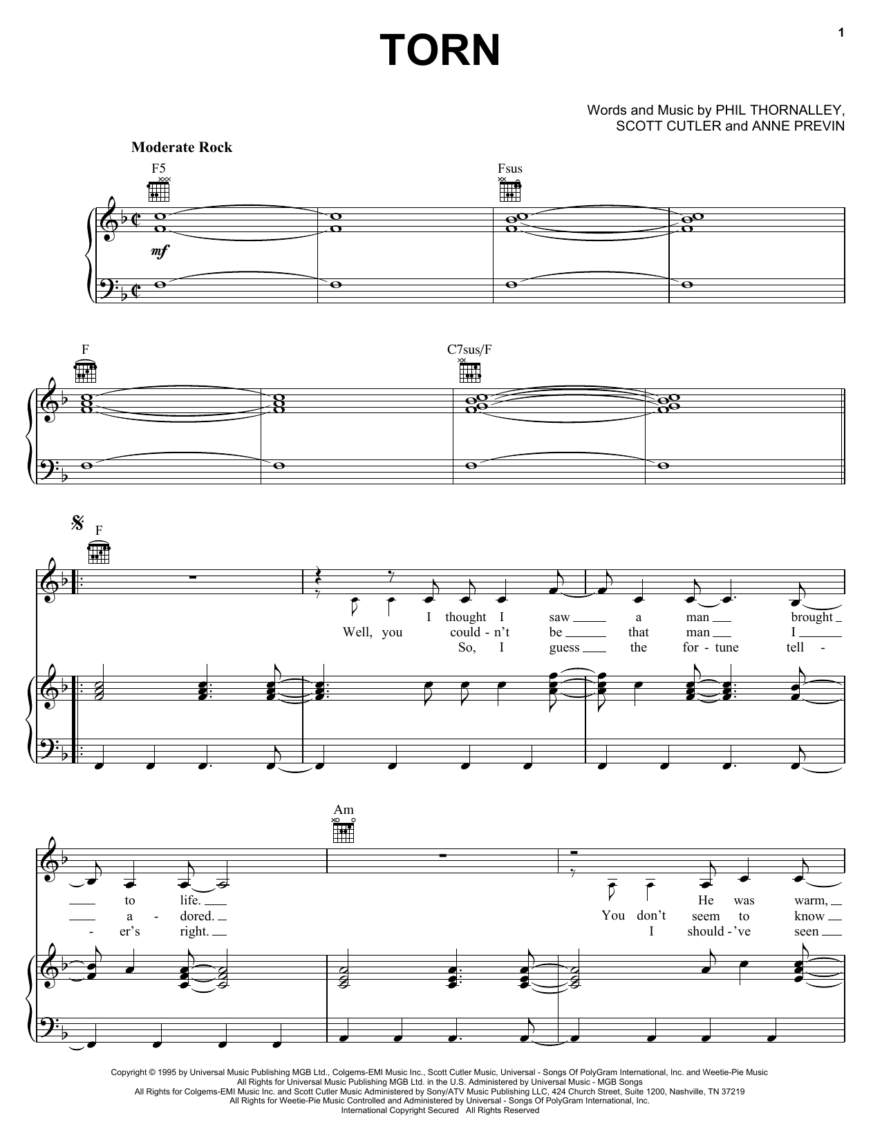 Natalie Imbruglia Torn sheet music notes and chords arranged for Piano Chords/Lyrics