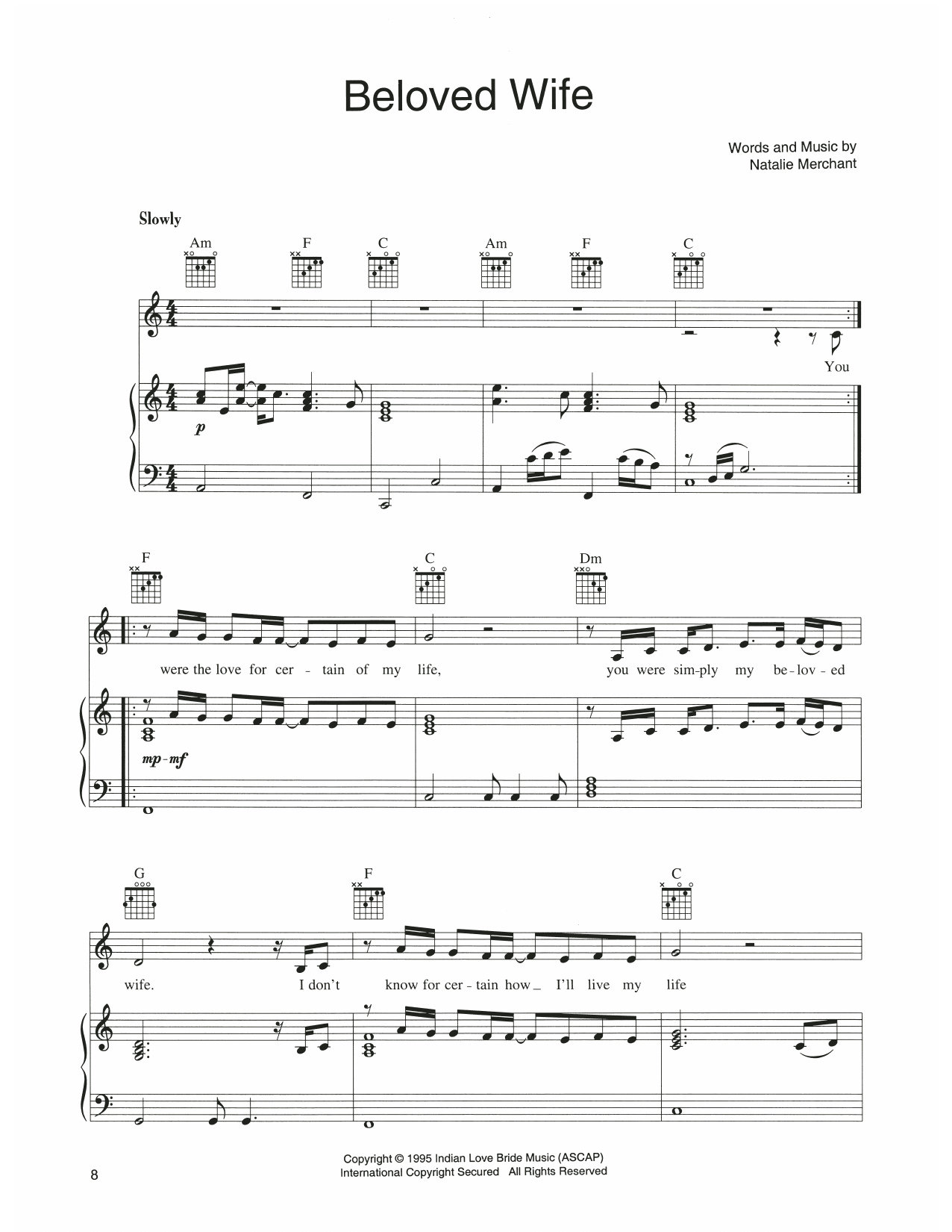 Natalie Merchant Beloved Wife sheet music notes and chords arranged for Piano, Vocal & Guitar Chords (Right-Hand Melody)