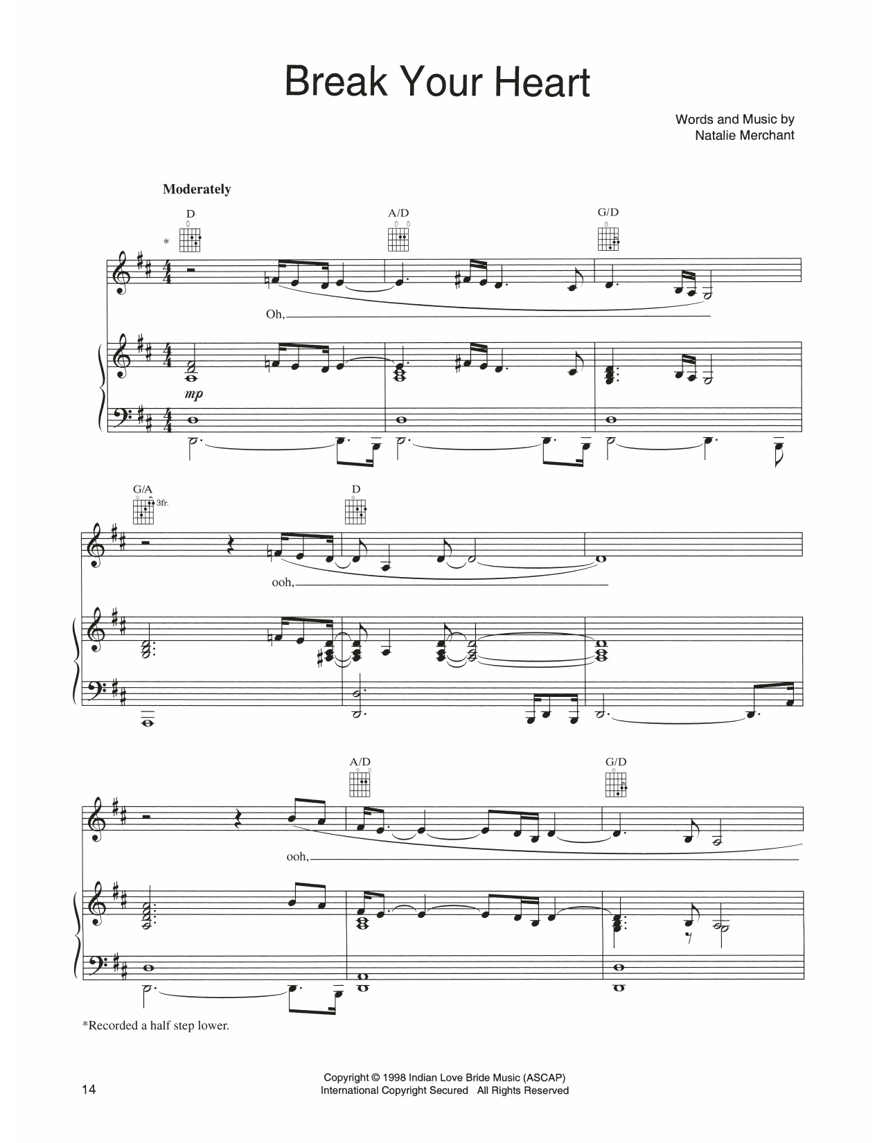 Natalie Merchant Break Your Heart sheet music notes and chords arranged for Piano, Vocal & Guitar Chords (Right-Hand Melody)