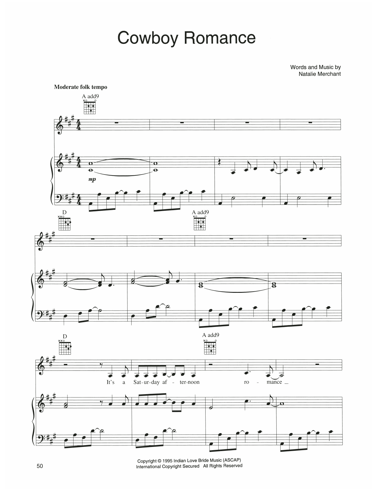 Natalie Merchant Cowboy Romance sheet music notes and chords arranged for Piano, Vocal & Guitar Chords (Right-Hand Melody)