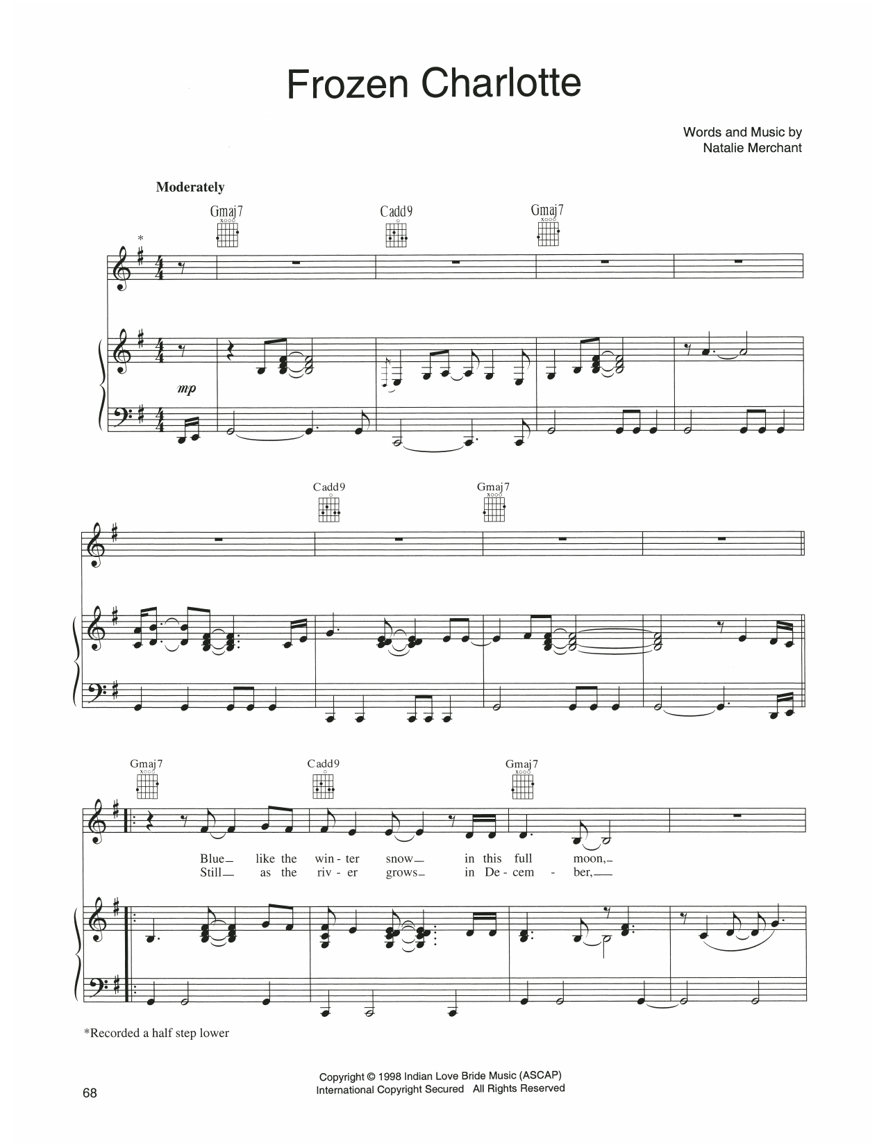 Natalie Merchant Frozen Charlotte sheet music notes and chords arranged for Piano, Vocal & Guitar Chords (Right-Hand Melody)