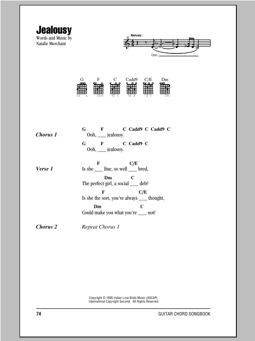 Natalie Merchant Jealousy sheet music notes and chords arranged for Guitar Chords/Lyrics