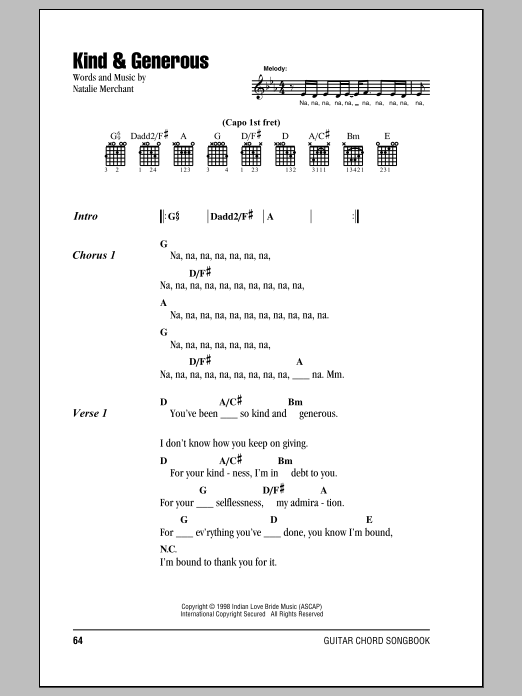 Natalie Merchant Kind & Generous sheet music notes and chords arranged for Piano, Vocal & Guitar Chords (Right-Hand Melody)