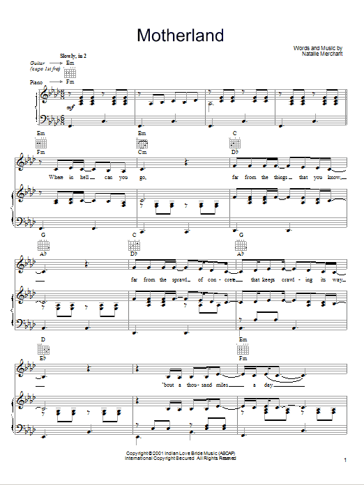 Natalie Merchant Motherland sheet music notes and chords arranged for Piano, Vocal & Guitar Chords (Right-Hand Melody)
