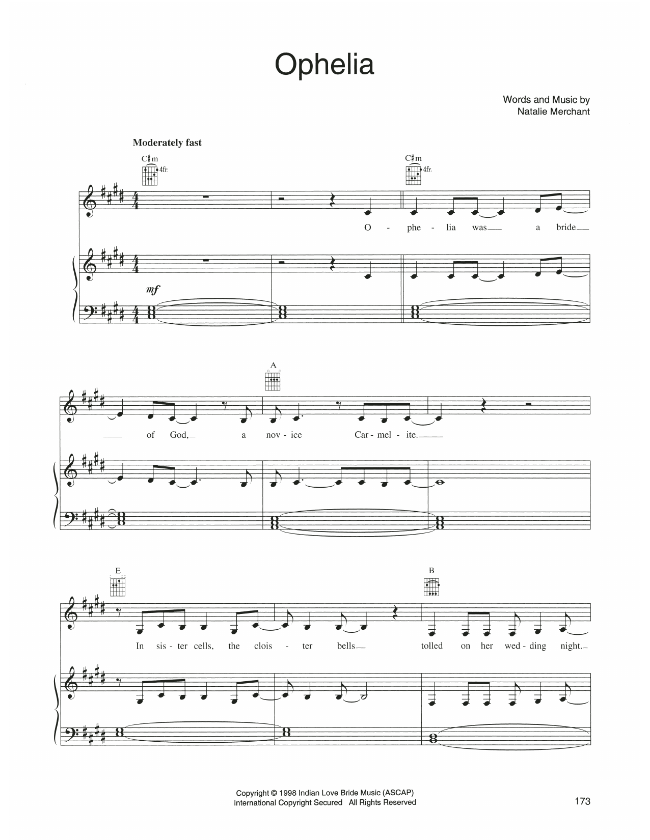 Natalie Merchant Ophelia sheet music notes and chords arranged for Piano, Vocal & Guitar Chords (Right-Hand Melody)