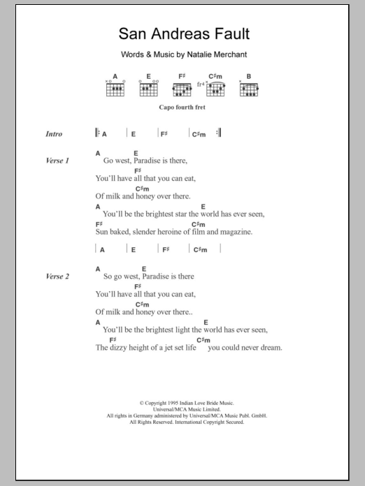 Natalie Merchant San Andreas Fault sheet music notes and chords arranged for Guitar Chords/Lyrics