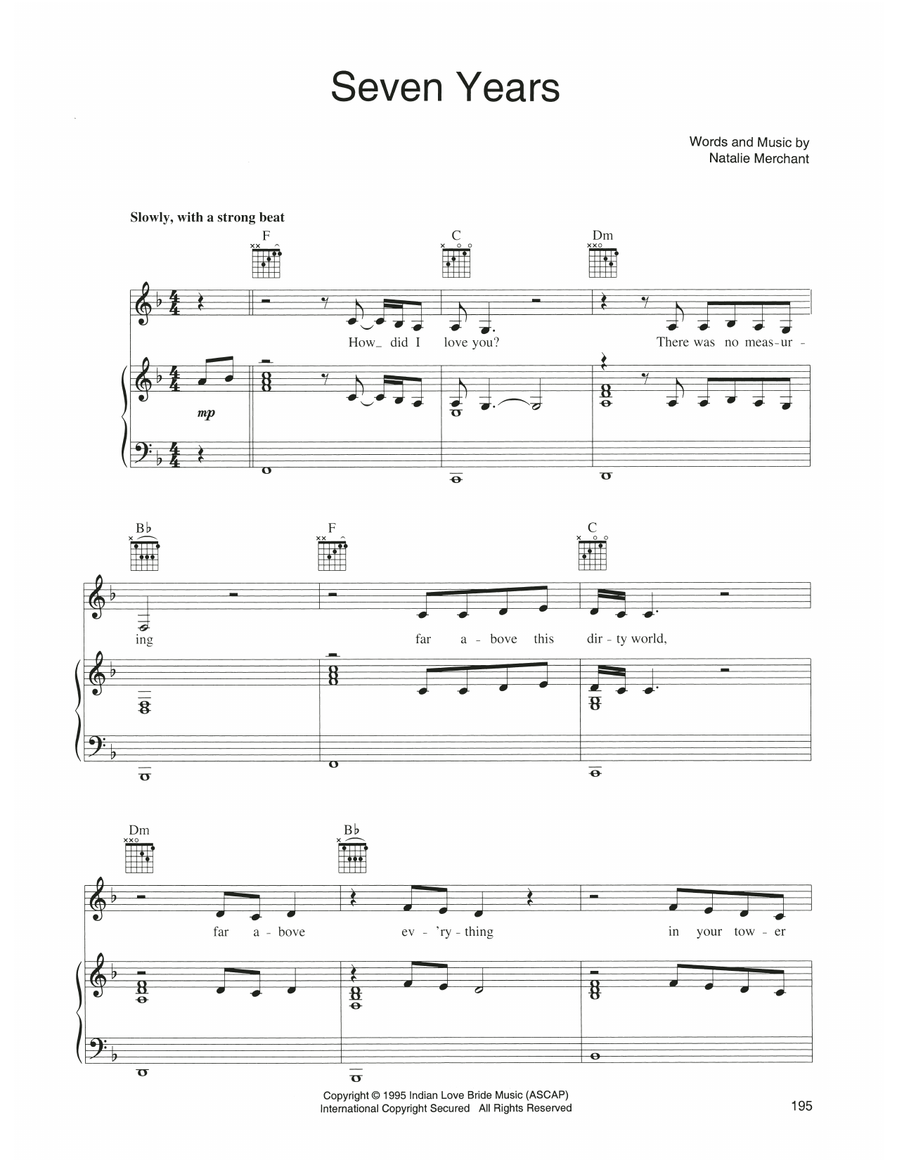 Natalie Merchant Seven Years sheet music notes and chords arranged for Piano, Vocal & Guitar Chords (Right-Hand Melody)