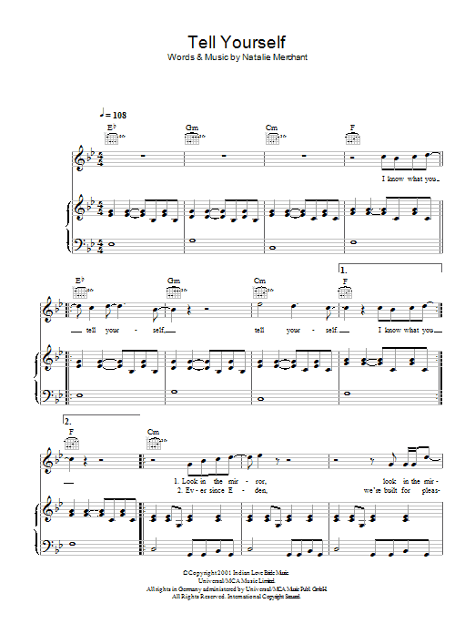 Natalie Merchant Tell Yourself sheet music notes and chords arranged for Piano, Vocal & Guitar Chords