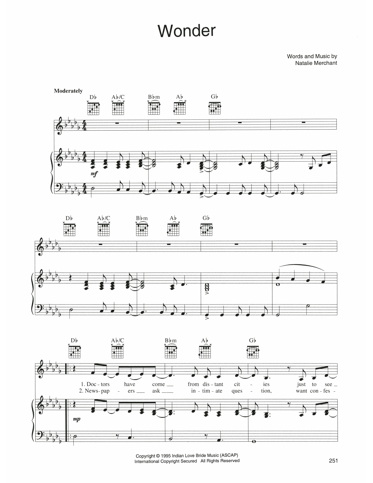 Natalie Merchant Wonder sheet music notes and chords arranged for Piano, Vocal & Guitar Chords (Right-Hand Melody)