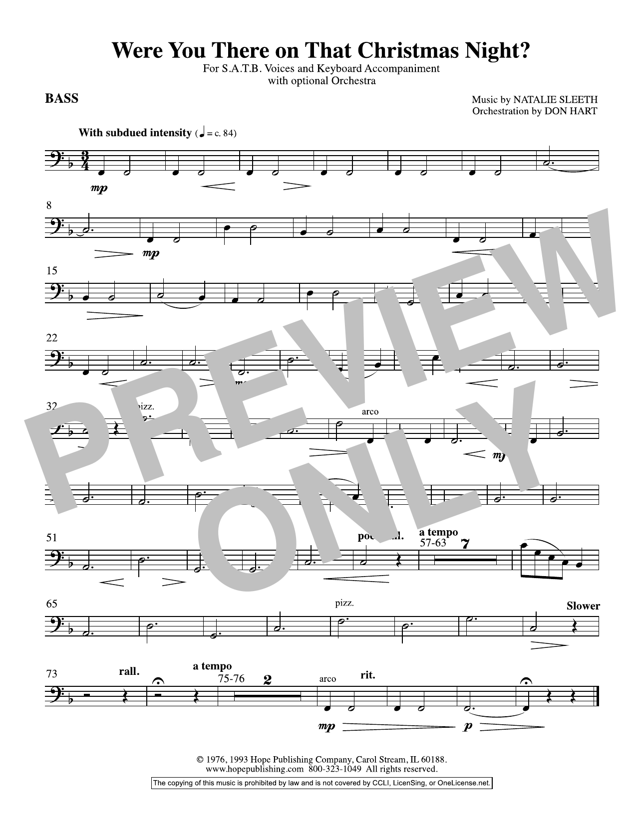 NATALIE SLEETH Were You There On That Christmas Night? (arr. Don Hart) - Bass sheet music notes and chords arranged for Choir Instrumental Pak