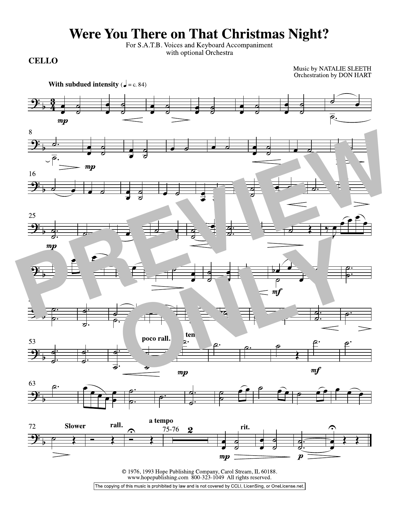 NATALIE SLEETH Were You There On That Christmas Night? (arr. Don Hart) - Cello sheet music notes and chords arranged for Choir Instrumental Pak