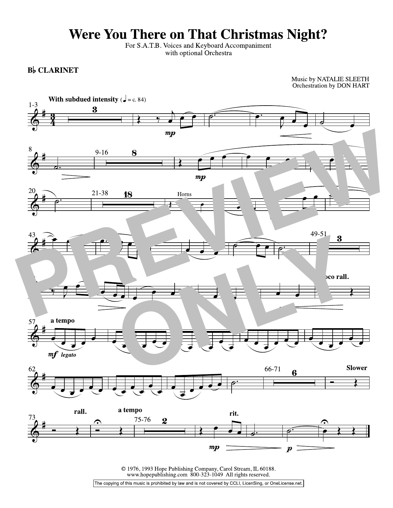 NATALIE SLEETH Were You There On That Christmas Night? (arr. Don Hart) - Clarinet sheet music notes and chords arranged for Choir Instrumental Pak