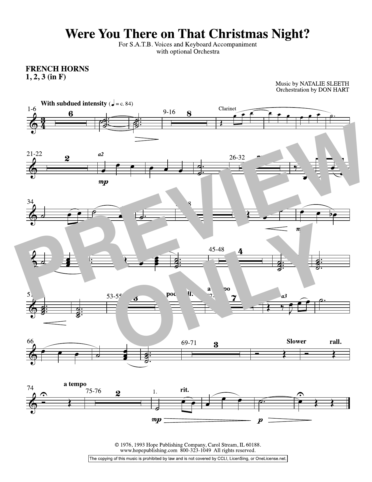 NATALIE SLEETH Were You There On That Christmas Night? (arr. Don Hart) - F Horn 1,2,3 sheet music notes and chords arranged for Choir Instrumental Pak