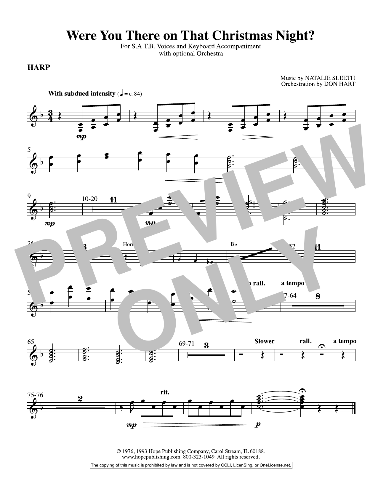 NATALIE SLEETH Were You There On That Christmas Night? (arr. Don Hart) - Harp sheet music notes and chords arranged for Choir Instrumental Pak