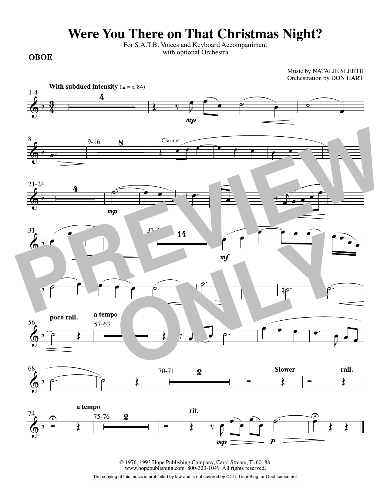 NATALIE SLEETH Were You There On That Christmas Night? (arr. Don Hart) - Oboe sheet music notes and chords arranged for Choir Instrumental Pak