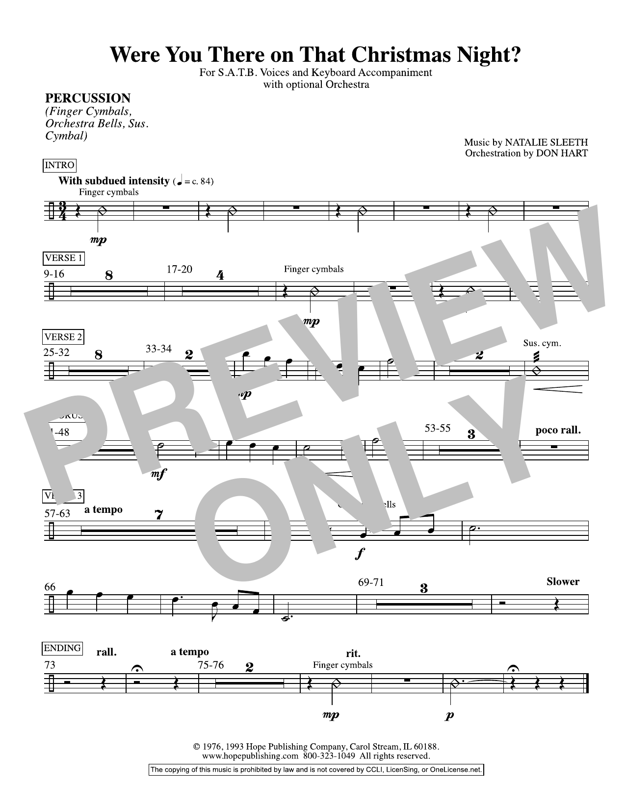 NATALIE SLEETH Were You There On That Christmas Night? (arr. Don Hart) - Percussion sheet music notes and chords arranged for Choir Instrumental Pak