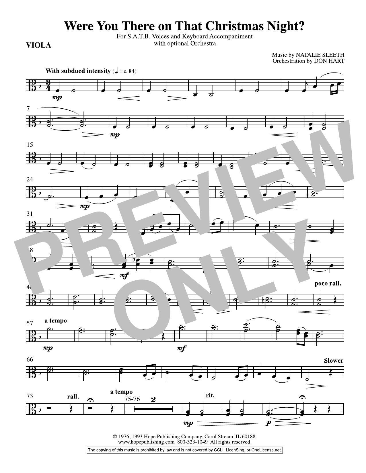 NATALIE SLEETH Were You There On That Christmas Night? (arr. Don Hart) - Viola sheet music notes and chords arranged for Choir Instrumental Pak