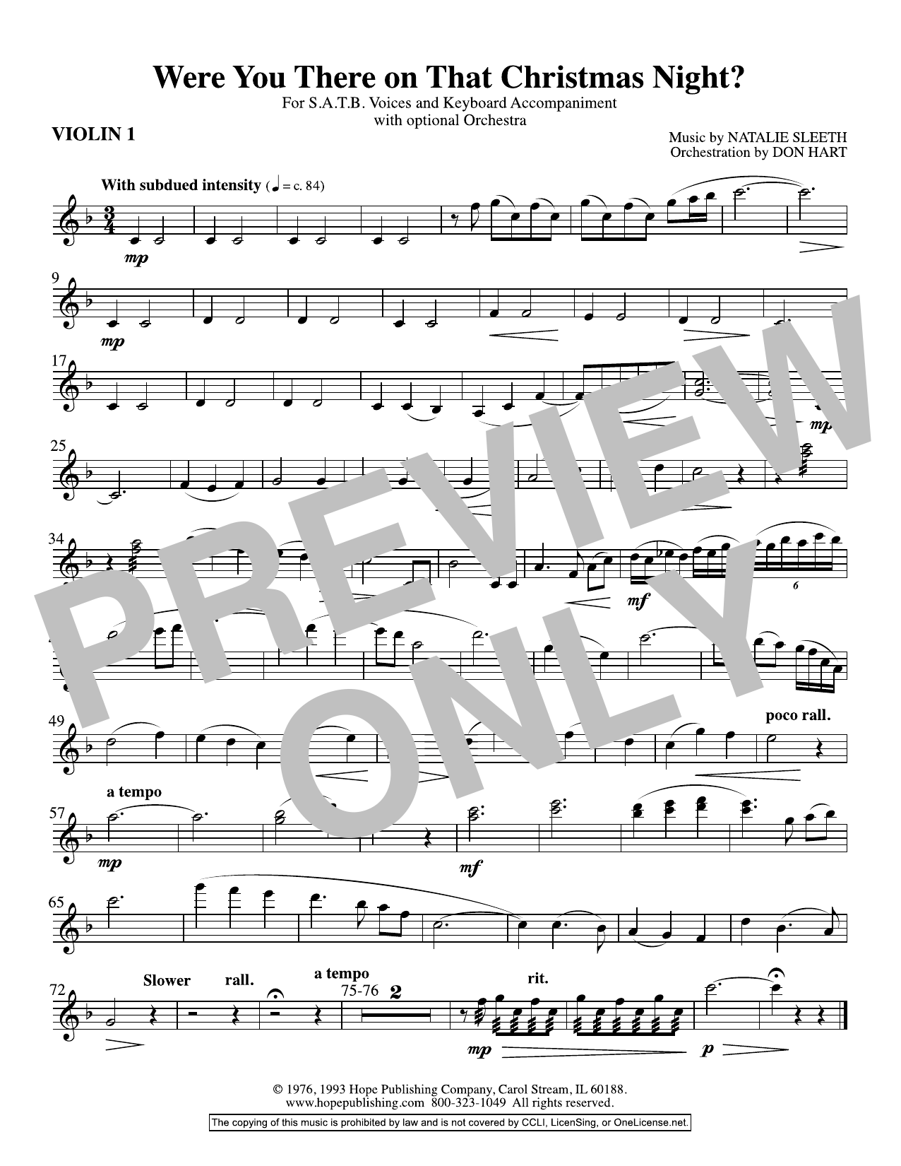 NATALIE SLEETH Were You There On That Christmas Night? (arr. Don Hart) - Violin 1 sheet music notes and chords arranged for Choir Instrumental Pak