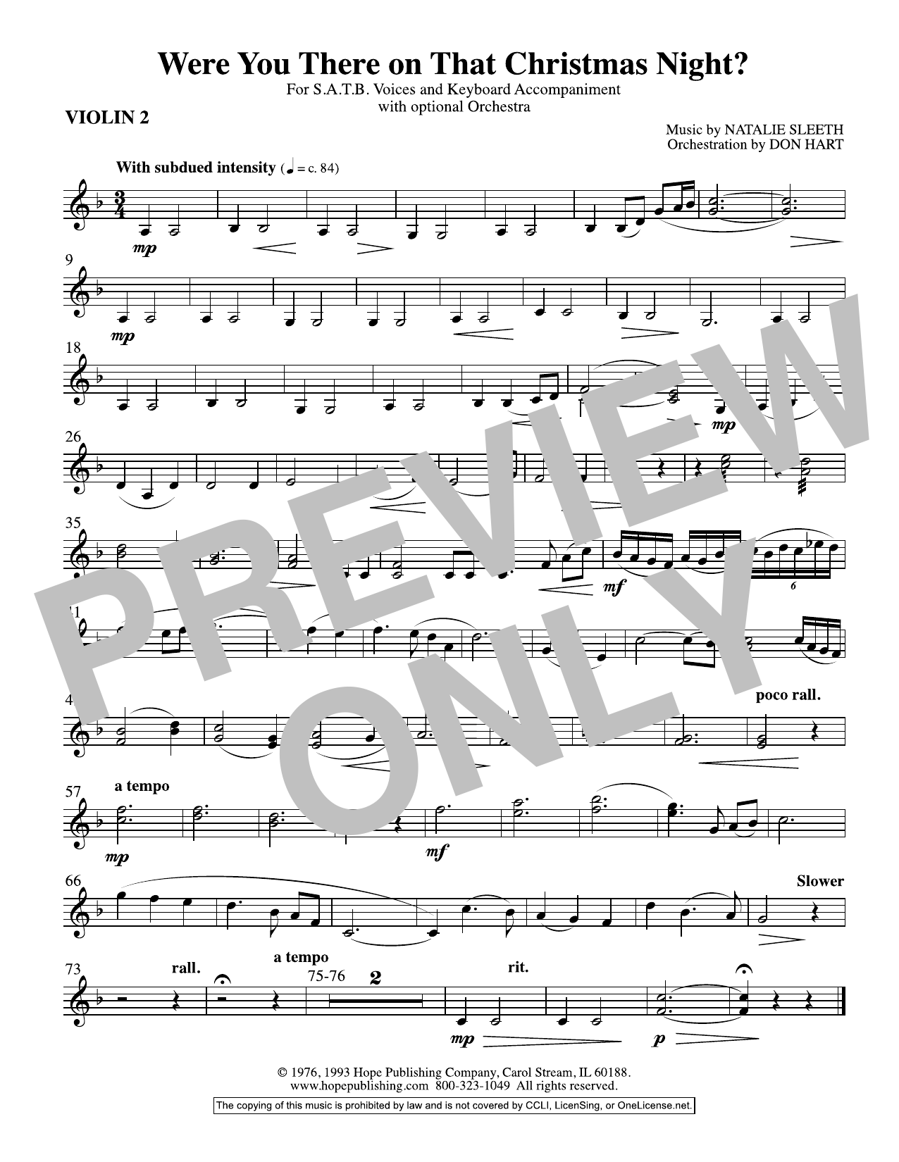 NATALIE SLEETH Were You There On That Christmas Night? (arr. Don Hart) - Violin 2 sheet music notes and chords arranged for Choir Instrumental Pak