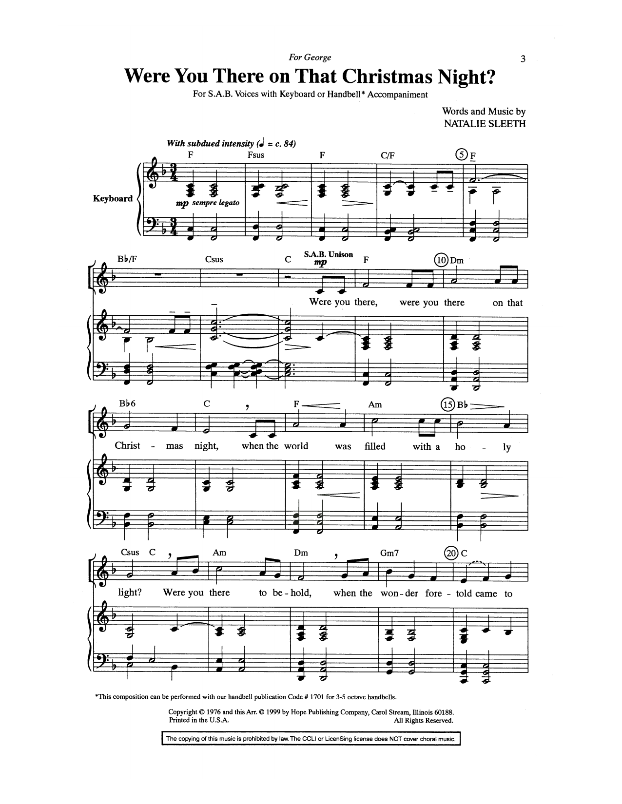 NATALIE SLEETH Were You There On That Christmas Night? sheet music notes and chords arranged for Unison Choir