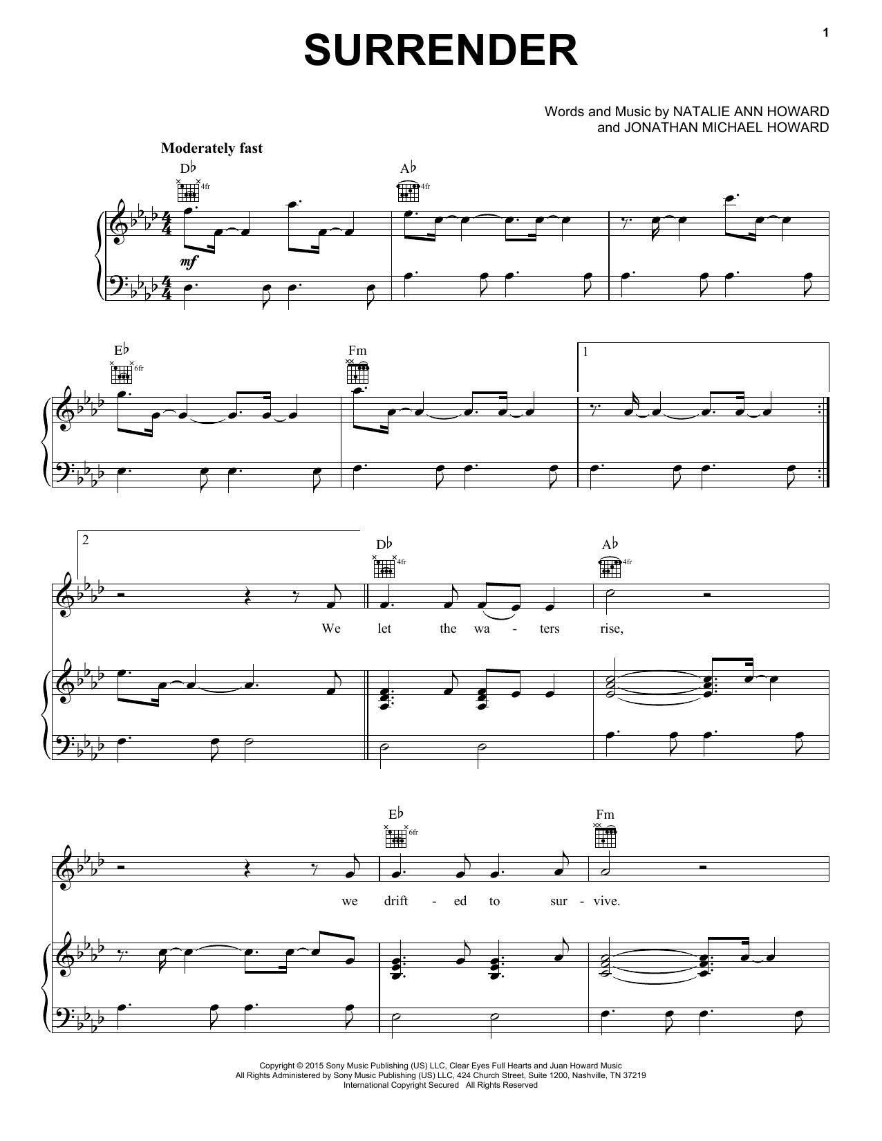 Natalie Taylor Surrender sheet music notes and chords arranged for Piano, Vocal & Guitar Chords (Right-Hand Melody)