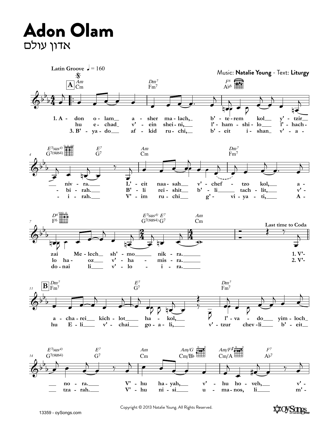 Natalie Young Adon Olam sheet music notes and chords arranged for Lead Sheet / Fake Book