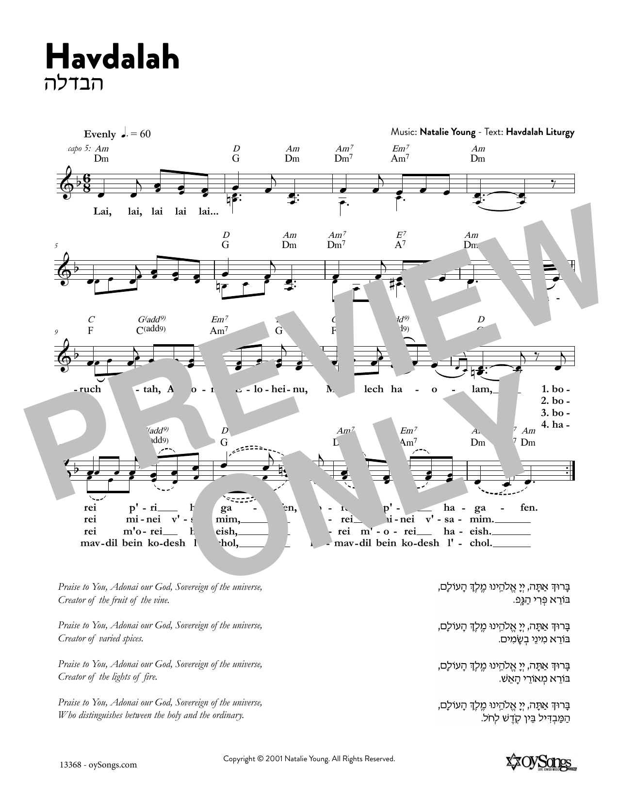 Natalie Young Havdalah sheet music notes and chords arranged for Lead Sheet / Fake Book