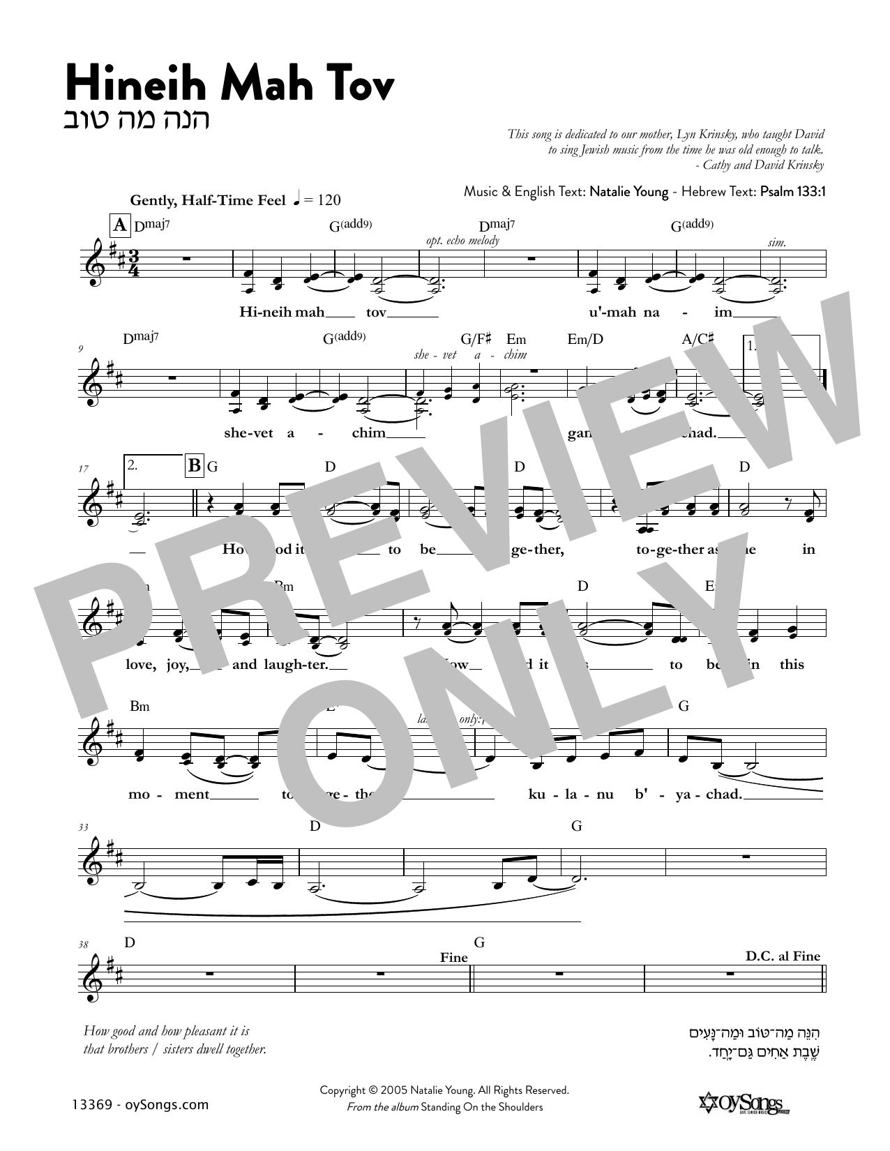 Natalie Young Hineih Mah Tov sheet music notes and chords arranged for Lead Sheet / Fake Book