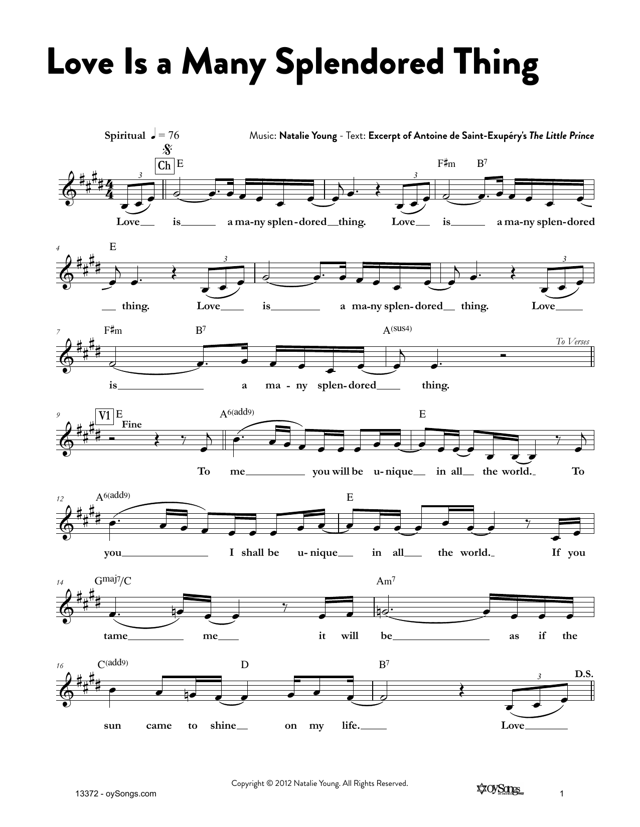 Natalie Young Love Is a Many Splendored Thing sheet music notes and chords arranged for Lead Sheet / Fake Book