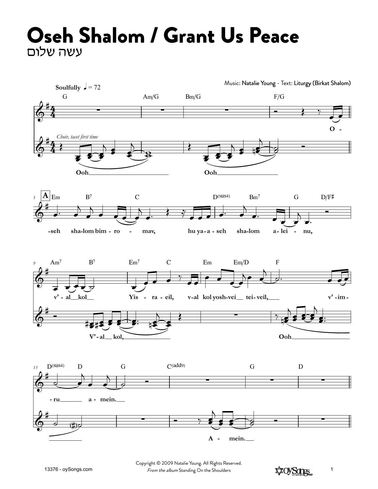 Natalie Young Oseh Shalom/Grant Us Peace sheet music notes and chords arranged for Lead Sheet / Fake Book