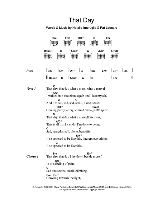 Natalie Imbruglia That Day sheet music notes and chords arranged for Guitar Chords/Lyrics
