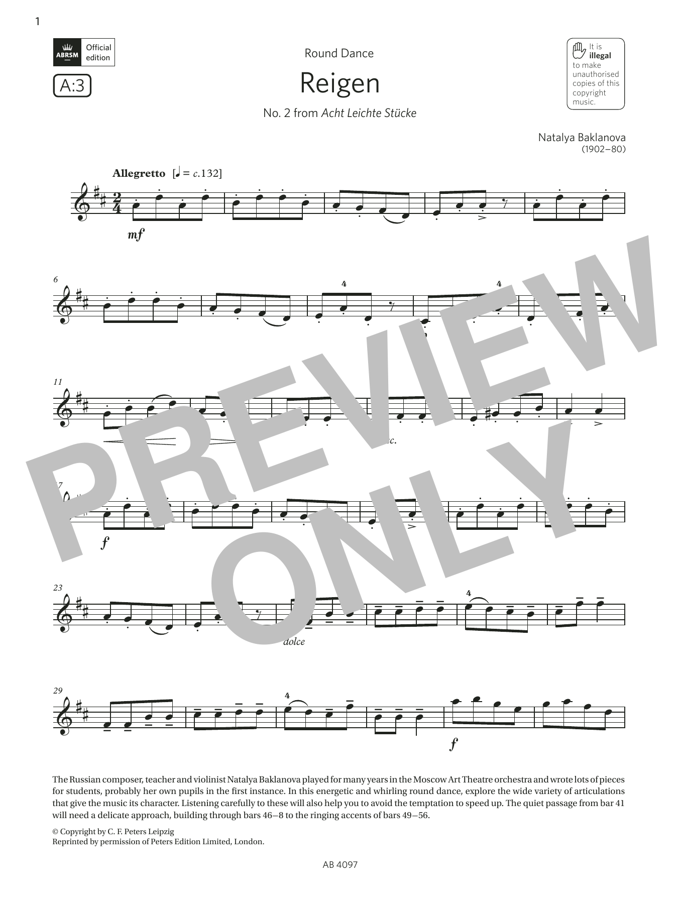 Natalya Baklanova Reigen (Grade 3, A3, from the ABRSM Violin Syllabus from 2024) sheet music notes and chords arranged for Violin Solo