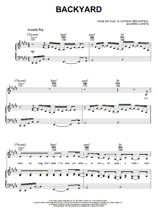Natasha Bedingfield Backyard sheet music notes and chords arranged for Piano, Vocal & Guitar Chords (Right-Hand Melody)