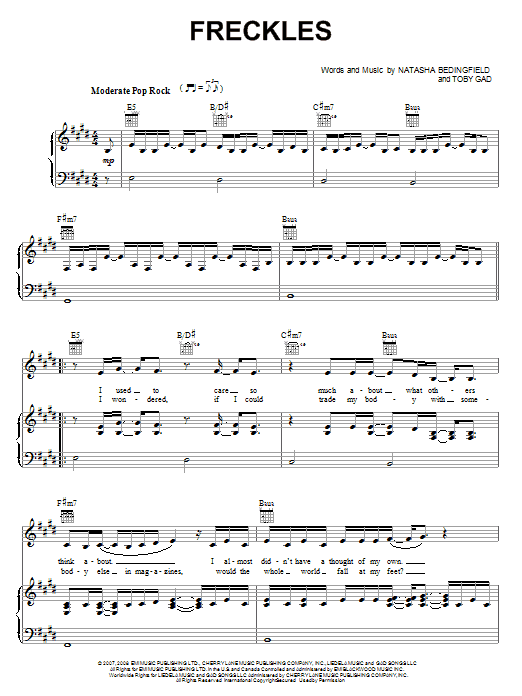 Natasha Bedingfield Freckles sheet music notes and chords arranged for Piano, Vocal & Guitar Chords (Right-Hand Melody)