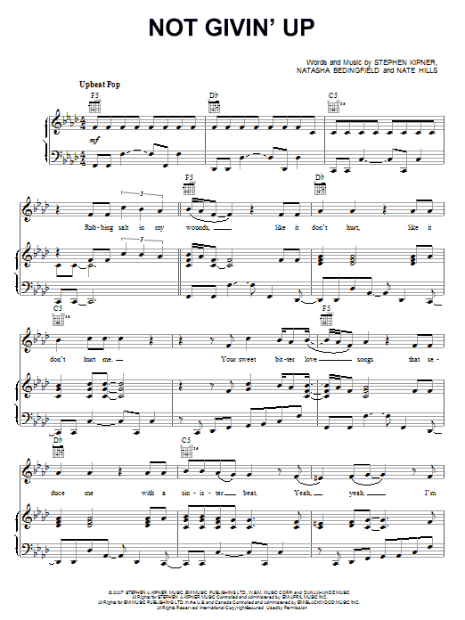 Natasha Bedingfield Not Givin' Up sheet music notes and chords arranged for Piano, Vocal & Guitar Chords (Right-Hand Melody)