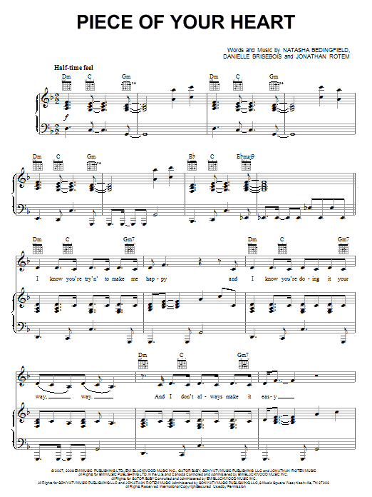 Natasha Bedingfield Piece Of Your Heart sheet music notes and chords arranged for Piano, Vocal & Guitar Chords (Right-Hand Melody)