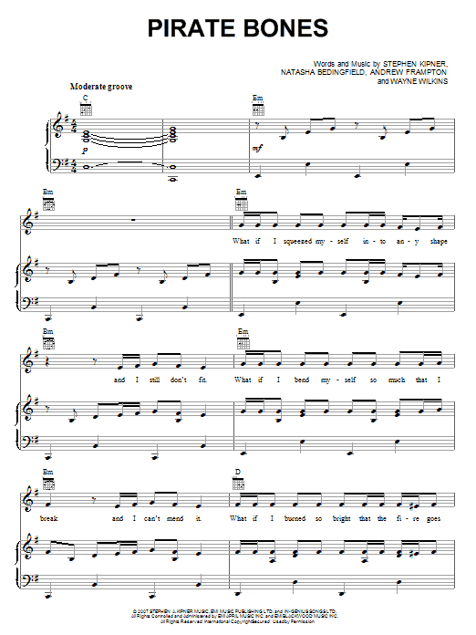 Natasha Bedingfield Pirate Bones sheet music notes and chords arranged for Piano, Vocal & Guitar Chords (Right-Hand Melody)