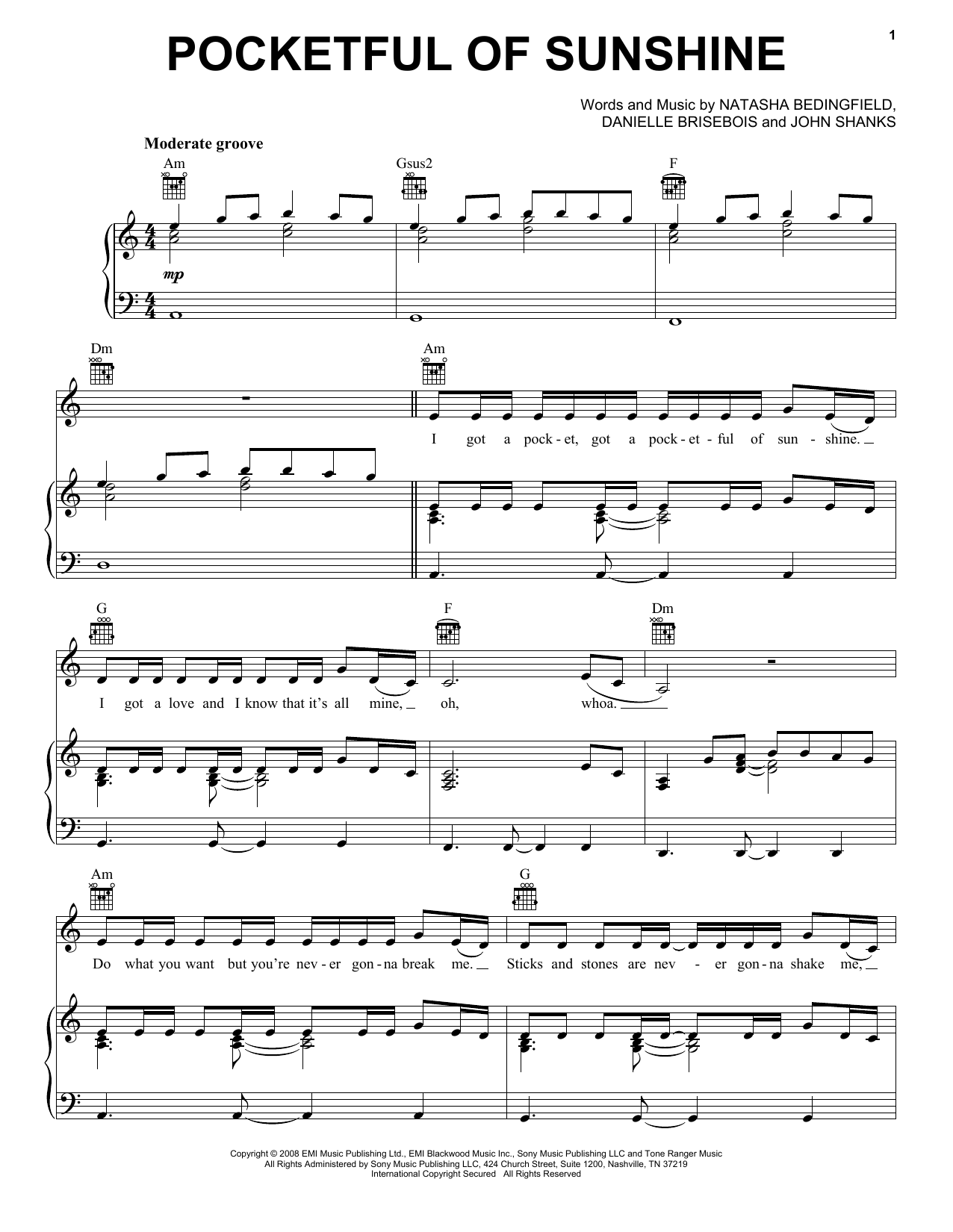 Natasha Bedingfield Pocketful Of Sunshine sheet music notes and chords arranged for Piano, Vocal & Guitar Chords (Right-Hand Melody)