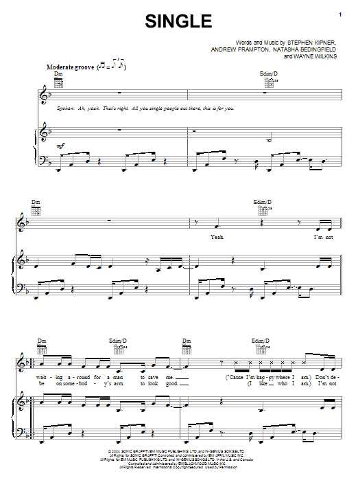 Natasha Bedingfield Single sheet music notes and chords arranged for Piano, Vocal & Guitar Chords (Right-Hand Melody)