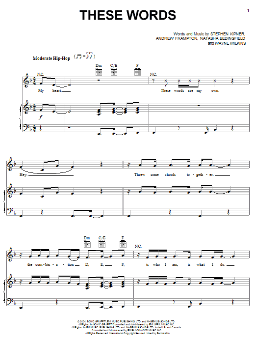 Natasha Bedingfield These Words sheet music notes and chords arranged for Piano, Vocal & Guitar Chords (Right-Hand Melody)