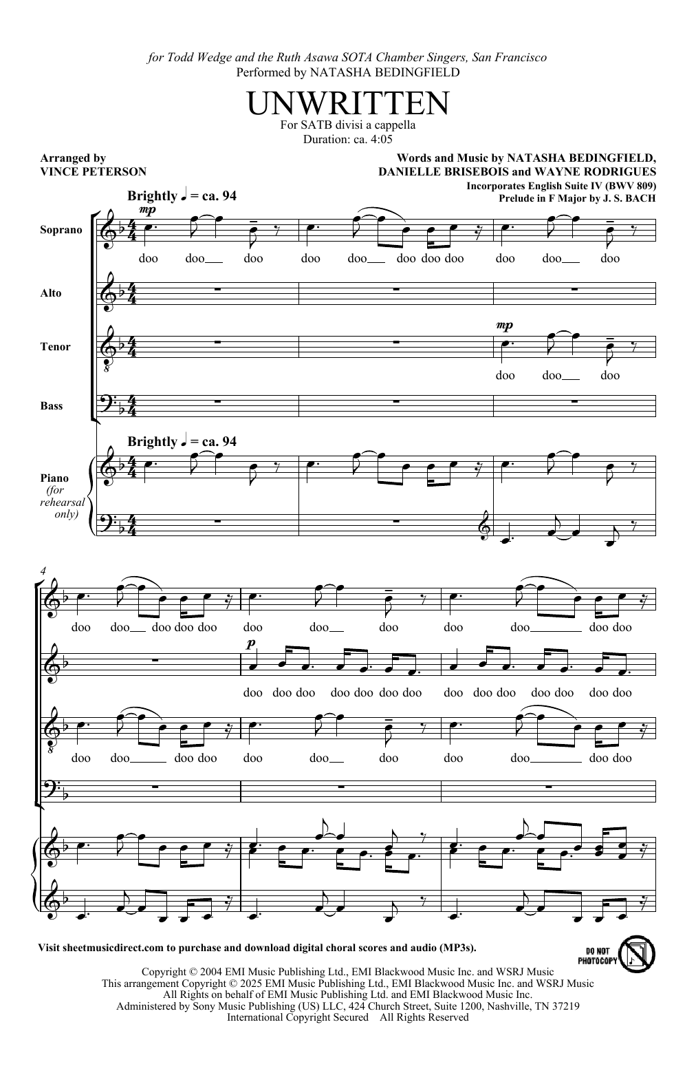 Natasha Bedingfield Unwritten (Incorporates English Suite IV) (arr. Vince Peterson) sheet music notes and chords arranged for SATB divisi Choir